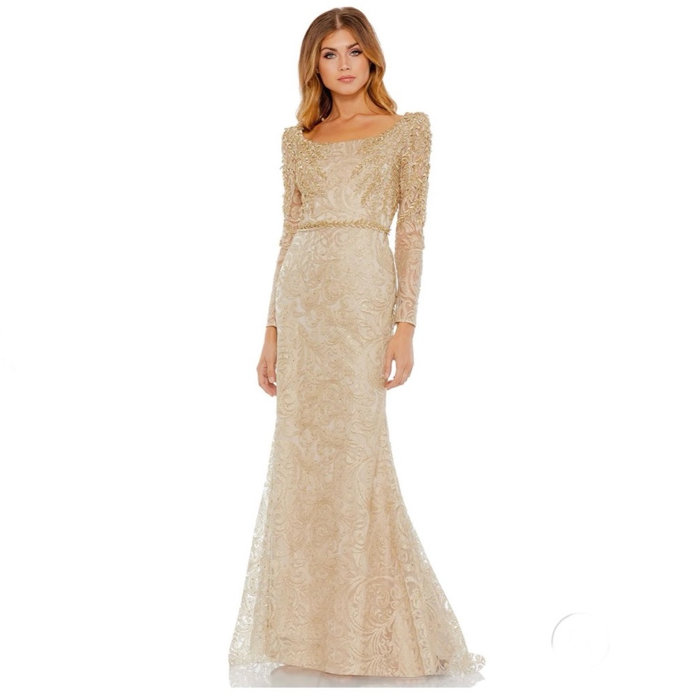MAC DUGGAL Embroidered Leaf Applique Trumpet Gown NEW Size 12 Light Gold Dress